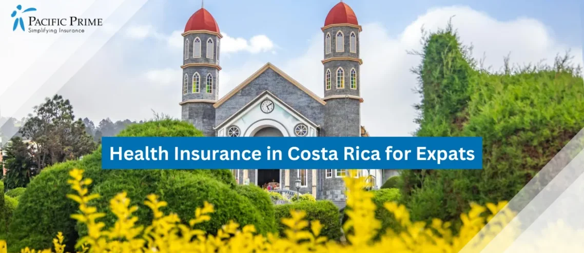 Image of Historic Church In Lush Garden Under Clear Blue Sky In Costa Rica with text overlay of "Health Insurance in Costa Rica for Expats"