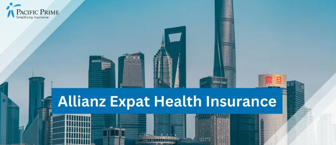 Image of Hong Kong Skyline View, China with text overlay of "Allianz Expat Health Insurance"