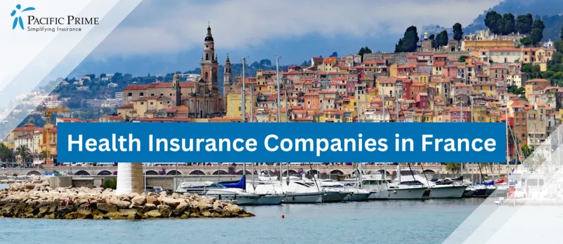 Image of Houses By The Sea With Sailboats And A Lighthouse In Menton, France with text overlay of "Health Insurance Companies in France"