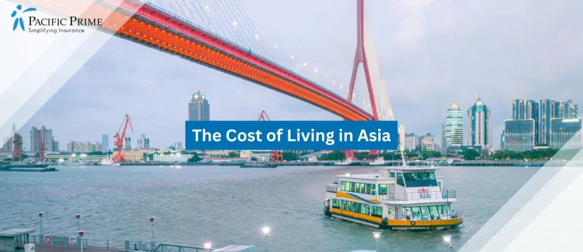Image of Illuminated Bridge And City Lights With Cruise In Shanghai At Night with text overlay of "The Cost of Living in Asia"