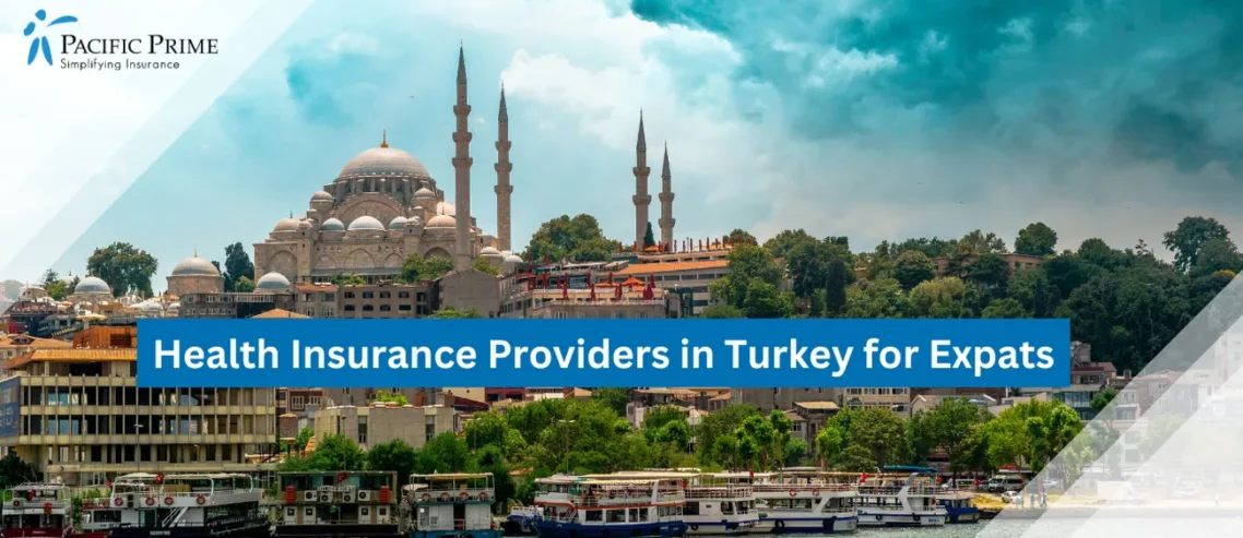 Image of Istanbul Skyline With A Large Body Of Water In The Foreground with text overlay of "Health Insurance Providers in Turkey for Expats"