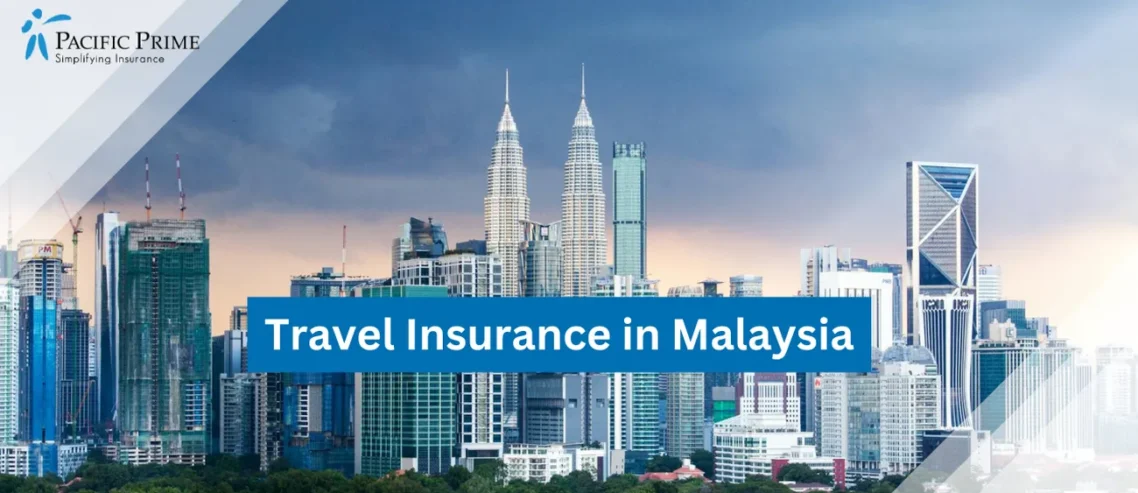 Image of Kuala Lumpur Skyline Featuring Striking High-Rise Buildings with text overlay of "Travel Insurance in Malaysia"