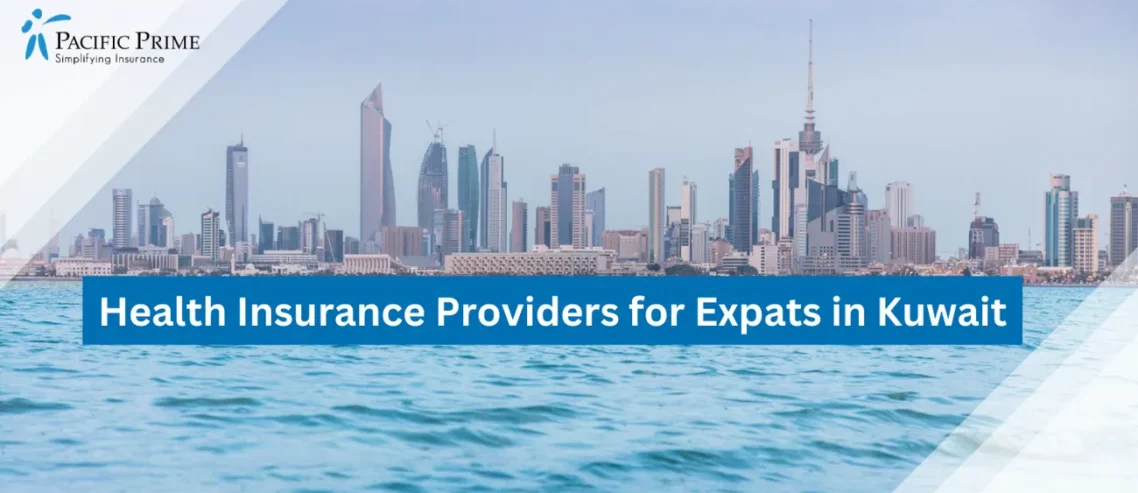 Image of Kuwait City Skyline With Skyscrapers Along The Sea Coast with text overlay of "Health Insurance Providers for Expats in Kuwait"