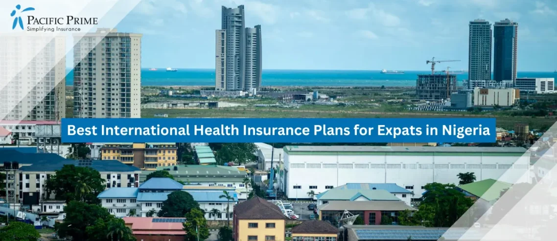 Image of Lagos City Aerial View Overlooking The Atlantic with text overlay of "Best International Health Insurance Plans for Expats in Nigeria"