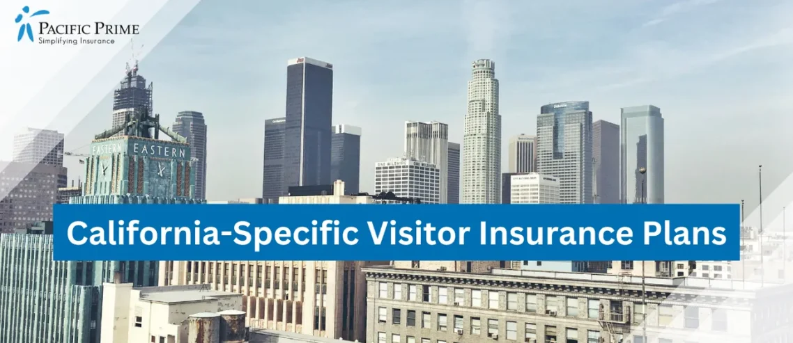 Image of Los Angeles City Skyline With Prominent Buildings with text overlay of "California-Specific Visitor Insurance Plans"