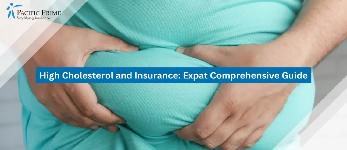 Image of Man Clutching His Stomach With Both Hands with text overlay of "High Cholesterol and Insurance: Expat Comprehensive Guide"