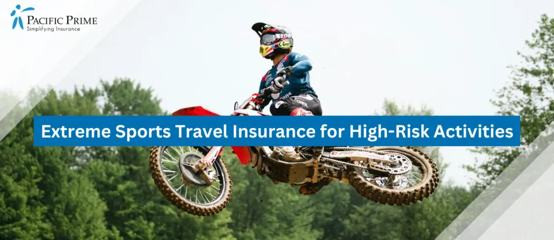 Image of Man Jumping Dirt Bike Mid-air During Extreme Motocross Stunt with text overlay of "Extreme Sports Travel Insurance for High-Risk Activities"