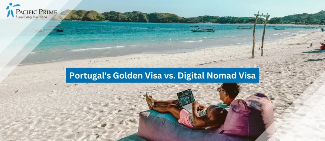 Image of Man On Bean Bag Using Laptop By The Beach In Lombok with text overlay of "Portugal's Golden Visa vs. Digital Nomad Visa"