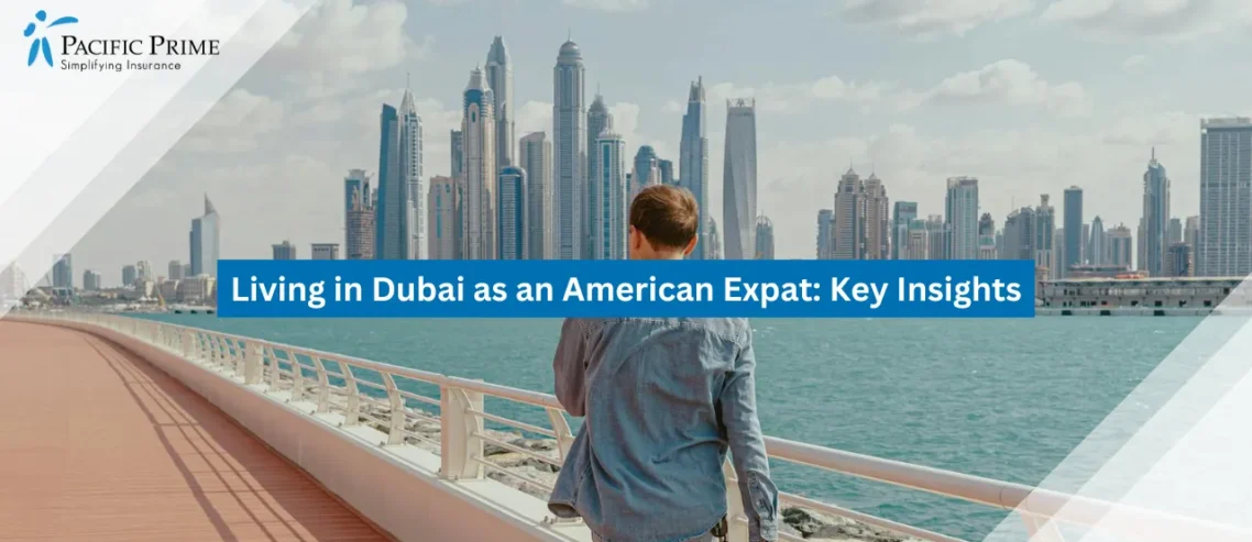 Image of Man Walking By Dubai Marina Waterfront with text overlay of "Living in Dubai as an American Expat: Key Insights"