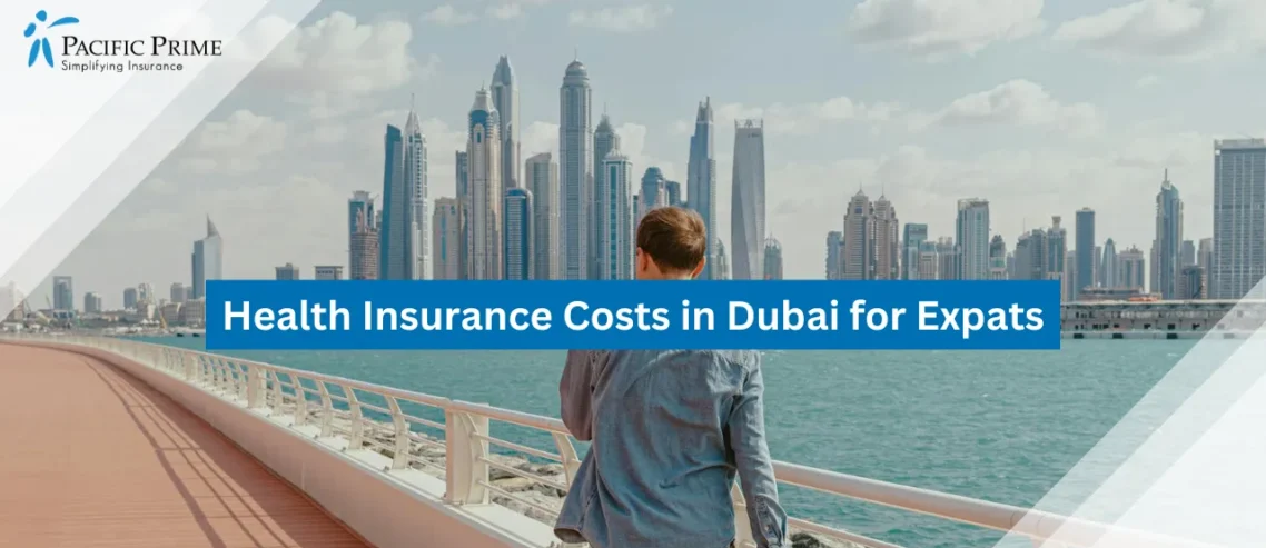 Image of Man Walking On Waterfront Promenade With Dubai Marina Skyline In Background with text overlay of "Health Insurance Costs in Dubai for Expats"