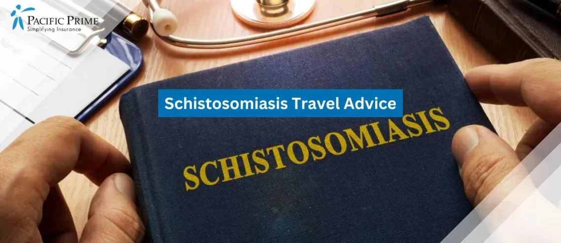 Image of Medical Book Titled Schistosomiasis On A Hospital Desk with text overlay of "Schistosomiasis Travel Advice"