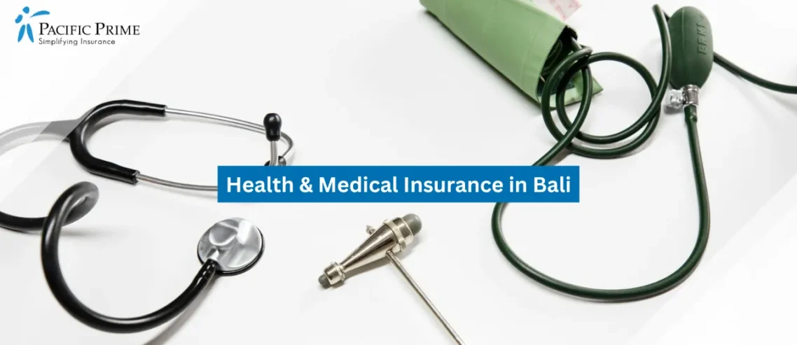 Image of Medical Tools Including Stethoscope And Diagnostic Instruments with text overlay of "Health & Medical Insurance in Bali"