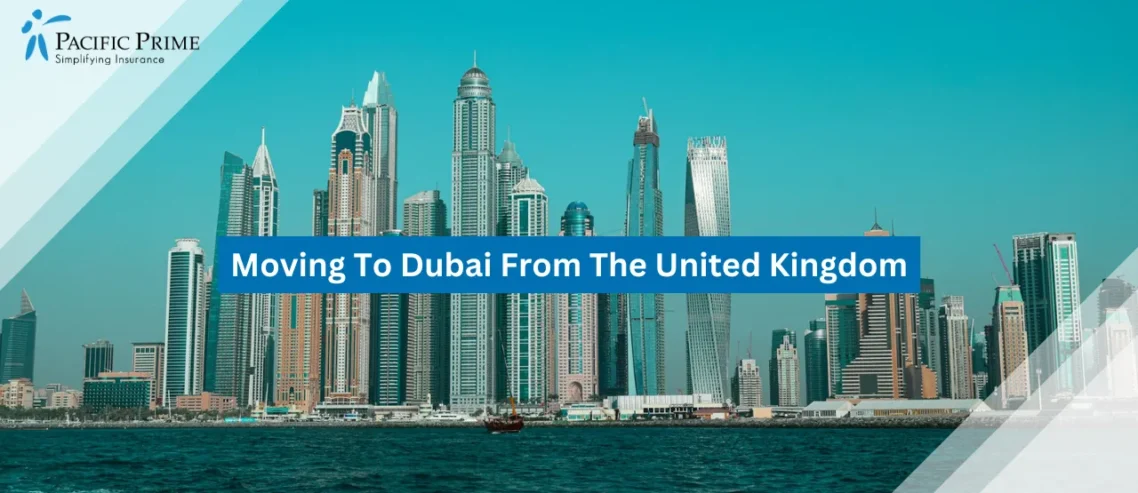 Image of Modern High-rise Buildings Along The Waterfront In Dubai Marina with text overlay of "Moving To Dubai From The United Kingdom"