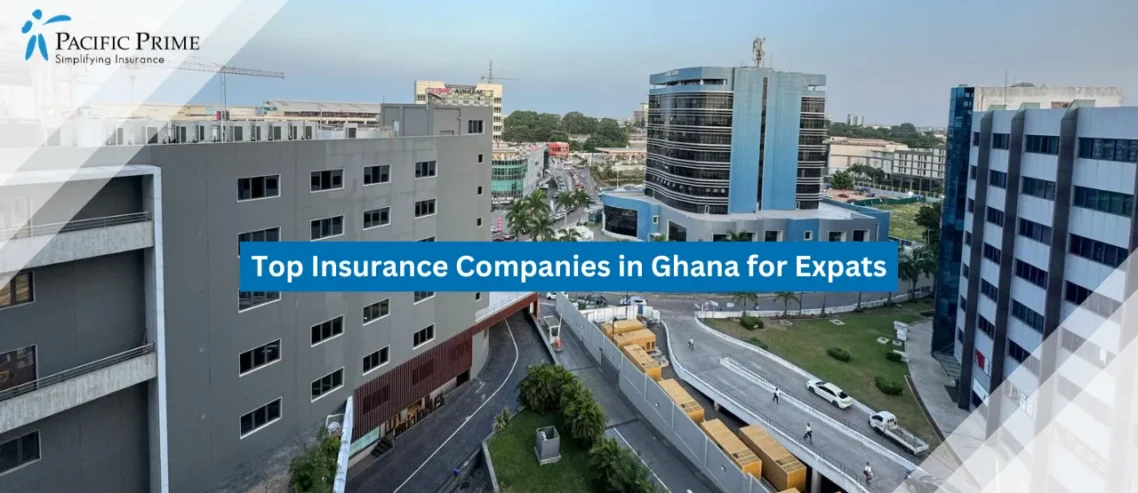 Image of Modern Skyline View Of Accra, Ghana with text overlay of "Top Insurance Companies in Ghana for Expats"