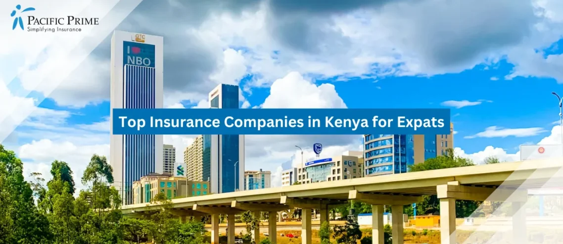 Image of Nairobi Expressway Bridge With City Skyline In The Background with text overlay of "Top Insurance Companies in Kenya for Expats"