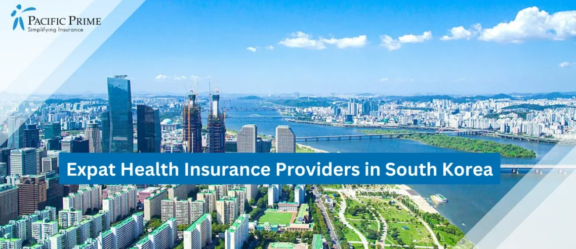 Image of Panoramic Cityscape Of Seoul, South Korea with text overlay of "Expat Health Insurance Providers in South Korea"