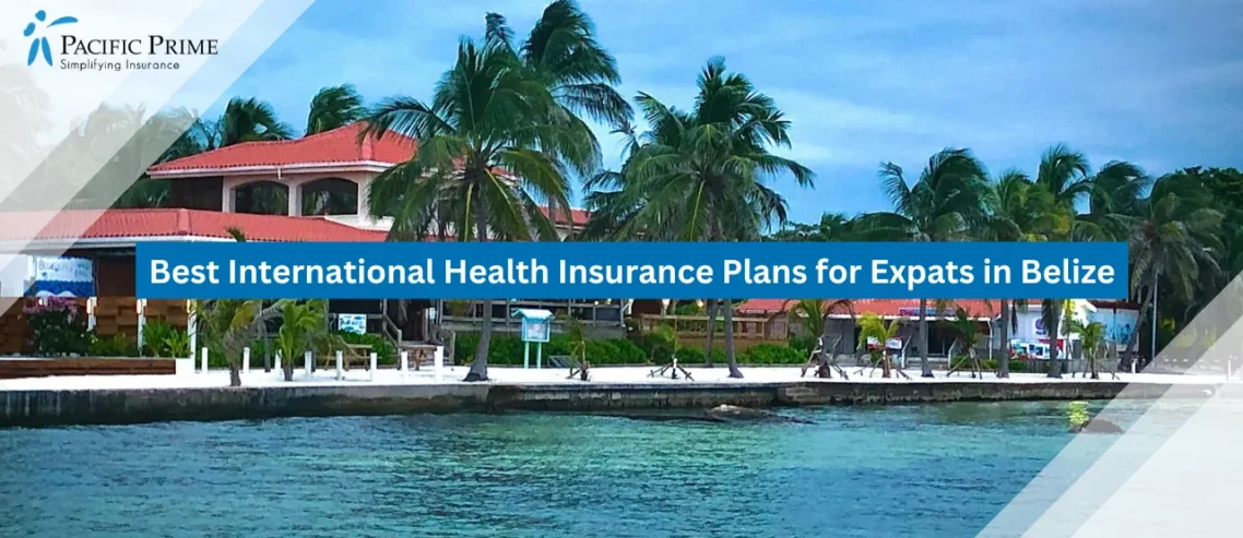 Image of People Strolling Along Sandy Shore Under Clear Sky, Ambergris Caye Belize with text overlay of "Best International Health Insurance Plans for Expats in Belize"