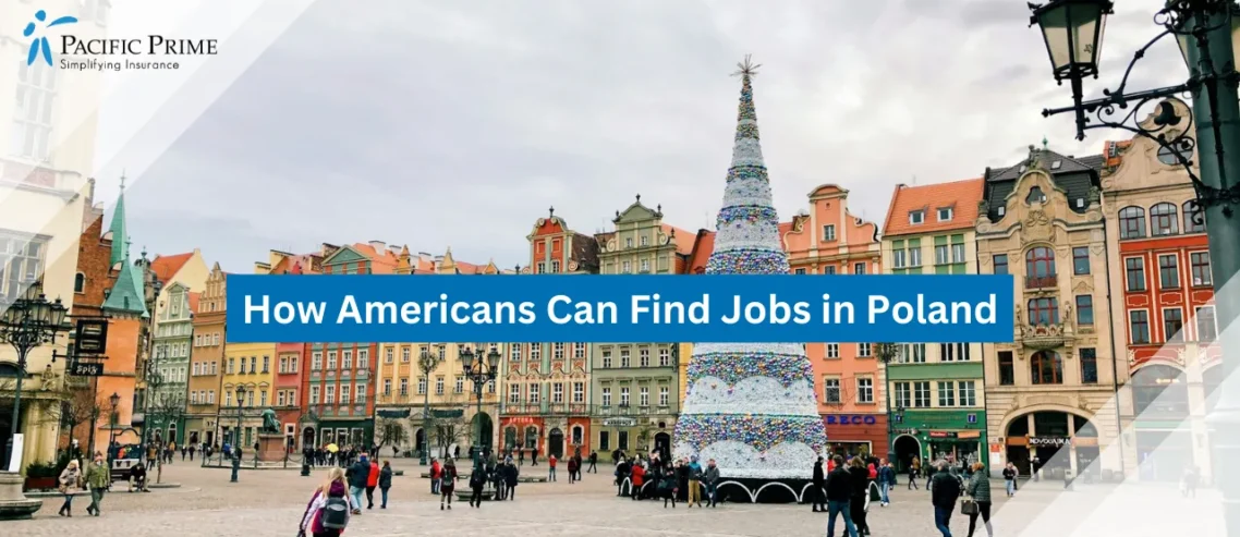 Image of People Walking Near A Large Christmas Tree In Festive Wroclaw, Poland with text overlay of "How Americans Can Find Jobs in Poland"