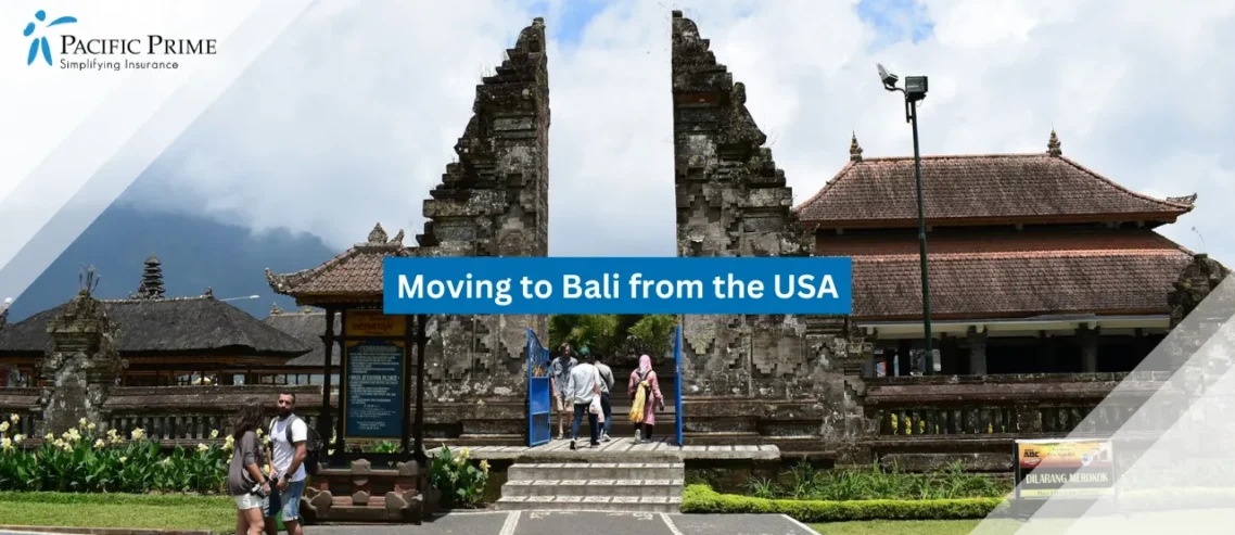 Image of People Walking Past Stone Temple Walls Near Ulun Danu Beratan, Bali with text overlay of "Moving to Bali from the USA"