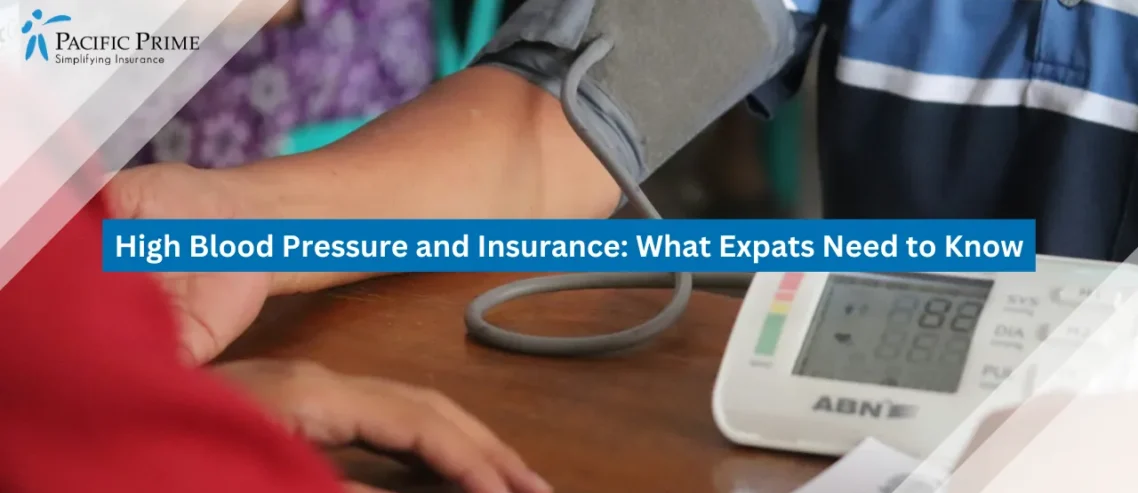 Image of Person Checking Blood Pressure With Monitor On Table with text overlay of "High Blood Pressure and Insurance: What Expats Need to Know"