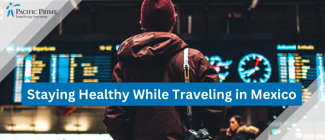 Image of Person Checking Flight Schedules En Route To Mexico with text overlay of "Staying Healthy While Traveling in Mexico"