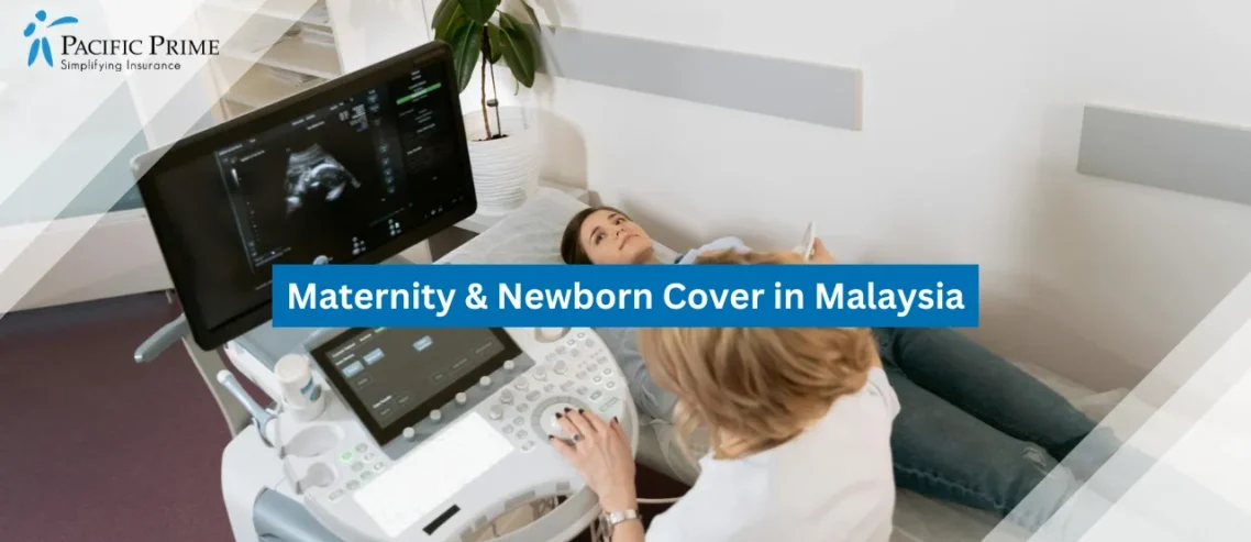 Image of Pregnant Woman Having Ultrasound Check With Doctor In Clinic with text overlay of "Maternity & Newborn Cover in Malaysia"