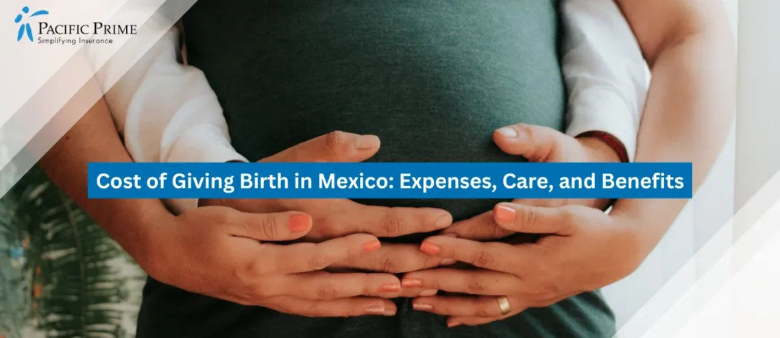 Image of Pregnant Woman In A Dress Holding Her Belly with text overlay of "Cost of Giving Birth in Mexico: Expenses, Care, and Benefits"