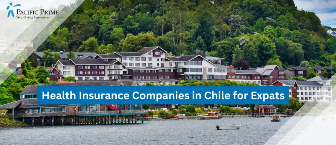 Image of Red And White House By Water With Trees In Puerto Varas, Chile with text overlay of "Health Insurance Companies in Chile for Expats"