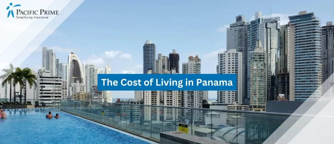 Image of Rooftop Swimming Pool Overlooking Panama City Buildings In Daylight with text overlay of "The Cost of Living in Panama"