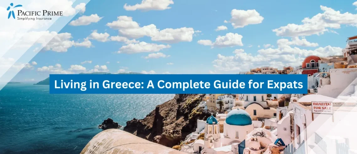 Image of Santorini's Iconic Blue Domes With Vibrant Sky Backdrop with text overlay of "Living in Greece: A Complete Guide for Expats"