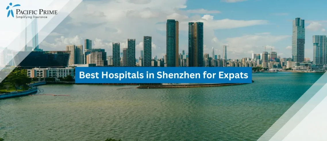 Image of Shenzhen Skyline With Coastal View Under Clear Sky with text overlay of "Best Hospitals in Shenzhen for Expats"