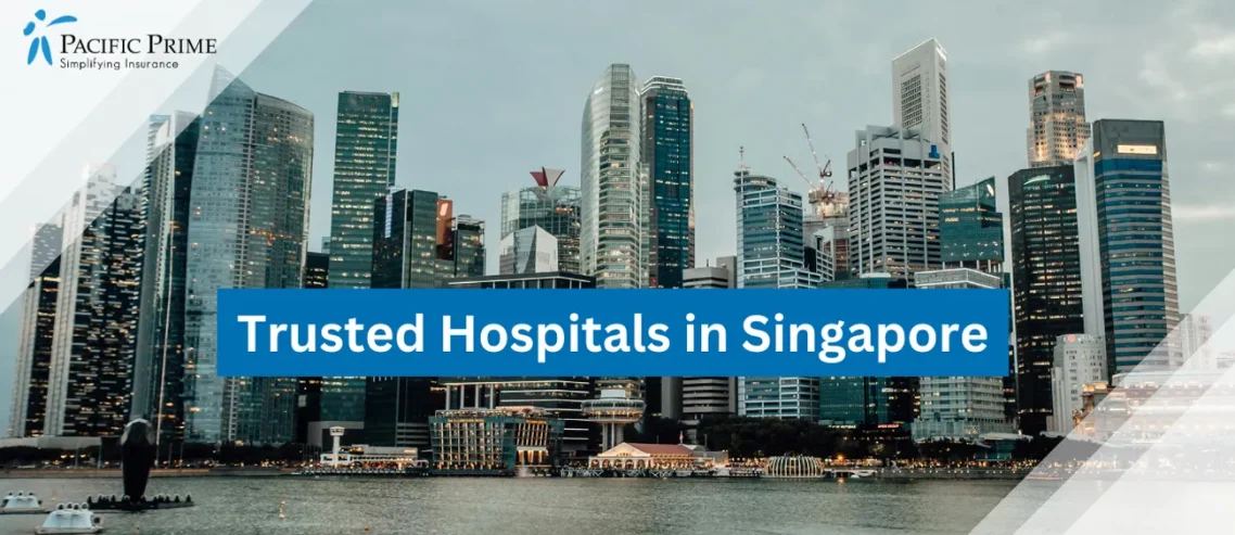 Image of Singapore City Skyline Reflected Across A Body Of Water At Dusk with text overlay of "Trusted Hospitals in Singapore"