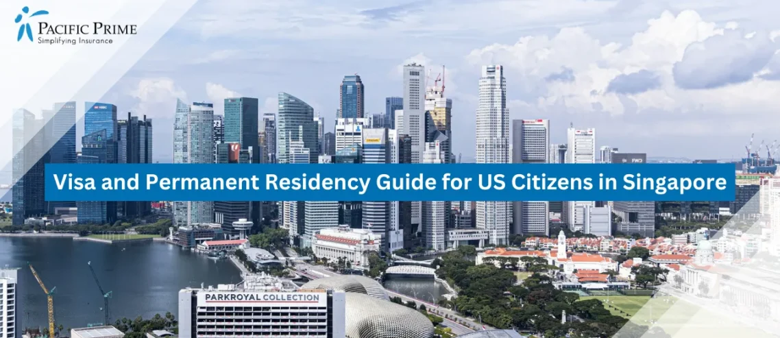 Image of Skyline View Of Raffles Place With Buildings By The Water During Daytime with text overlay of "Visa and Permanent Residency Guide for US Citizens in Singapore"