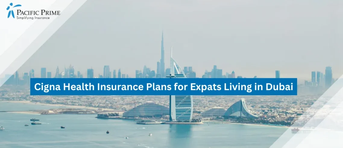 Image of Skypool View Overlooking City Skyline And Waterfront In Downtown Dubai with text overlay of "Cigna Health Insurance Plans for Expats Living in Dubai"