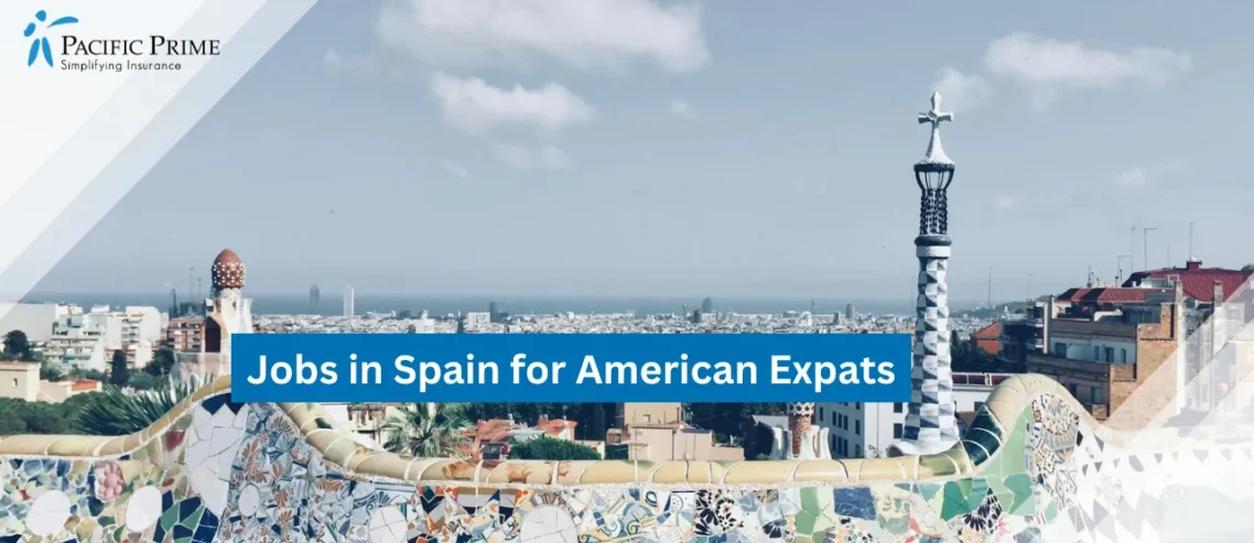 Image of Skyscrapers Under Daylight In Barcelona Cityscape with text overlay of "Jobs in Spain for American Expats"
