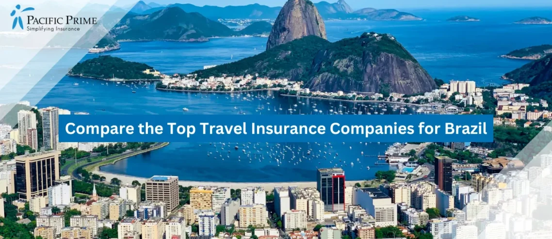 Image of Small Islet Near The City Viewed From Mirante Dona Marta In Rio De Janeiro with text overlay of "Compare the Top Travel Insurance Companies for Brazil"