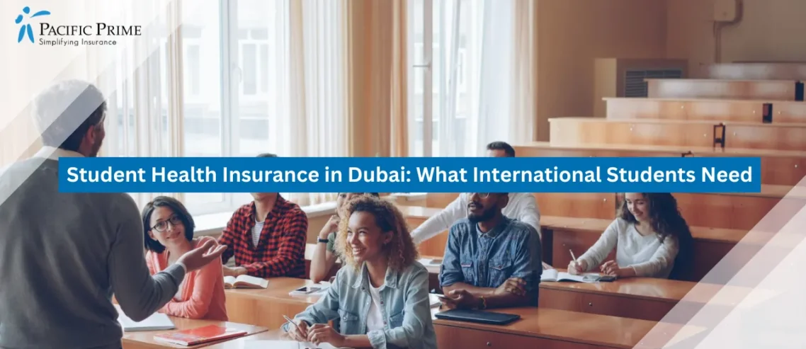 Image of Students Chatting And Laughing With A Professor During A Lively Lecture with text overlay of "Student Health Insurance in Dubai: What International Students Need"