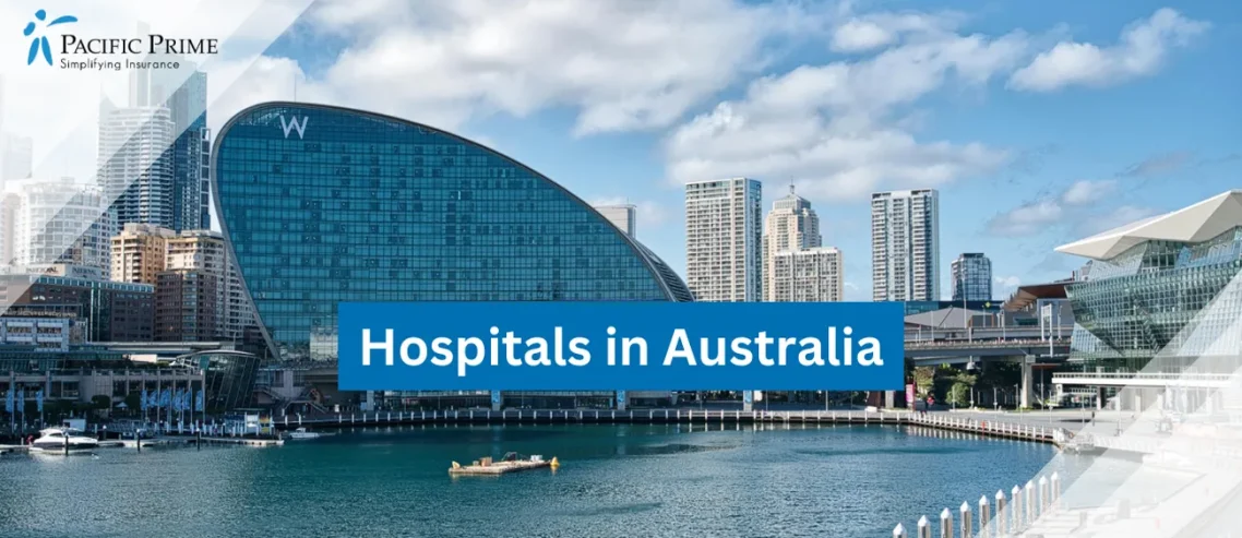 Image of Stunning View Of Darling Harbour With The Sydney Skyline In The Background with text overlay of "Hospitals in Australia"