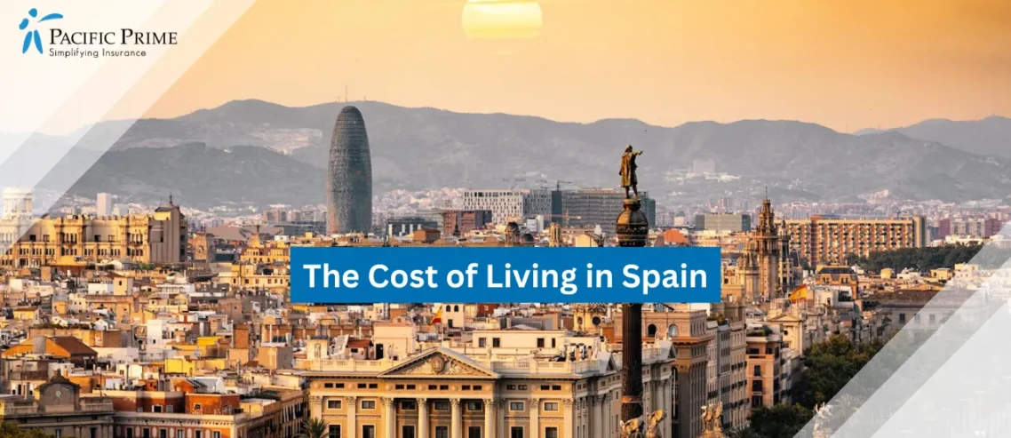 Image of Sunset Over Barcelona Skyline With Landmarks And Golden Hour Light with text overlay of "The Cost of Living in Spain"
