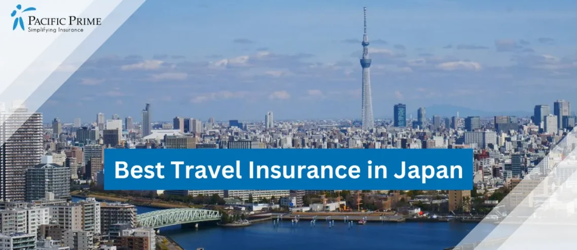 Image of Tokyo Skytree Towering Above City Buildings In Tokyo, Japan with text overlay of "Best Travel Insurance in Japan"