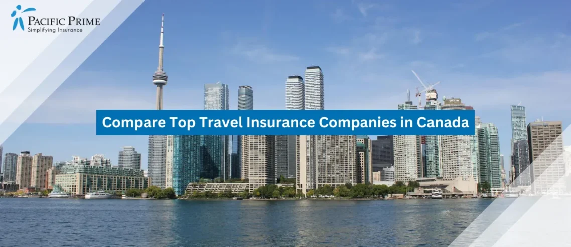 Image of Toronto Skyline With CN Tower On A Clear Sunny Day with text overlay of "Compare Top Travel Insurance Companies in Canada"