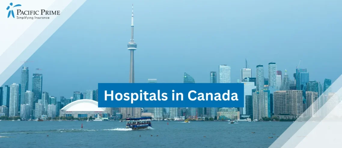 Image of Toronto Skyline With CN Tower Overlooking Lake Ontario with text overlay of "Hospitals in Canada"