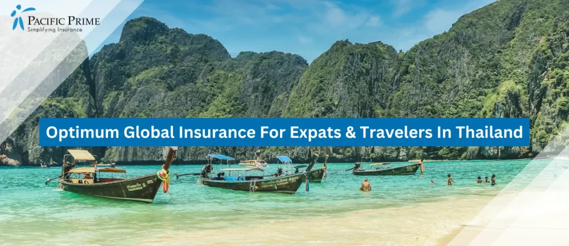 Image of Tourists On A Boat Near The Shore In Phi Phi Islands During Daytime with text overlay of "Optimum Global Insurance For Expats & Travelers In Thailand"