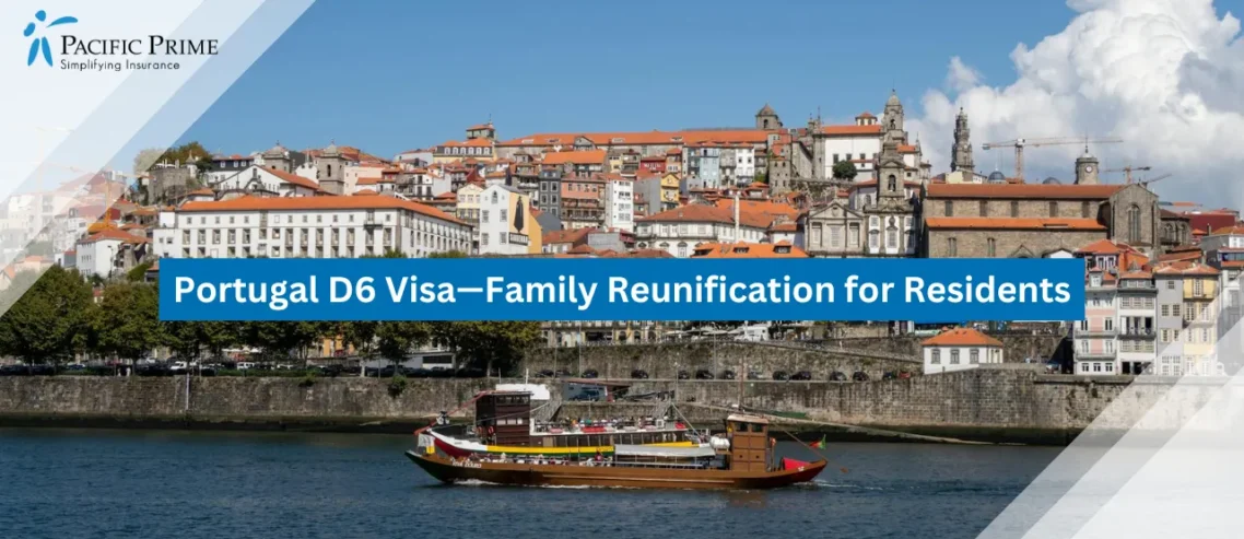 Image of Traditional Boat On The Douro River With Porto Cityscape Under A Clear Sky with text overlay of "Portugal D6 Visa—Family Reunification for Residents"