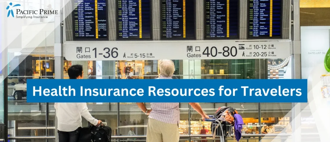 Image of Travelers Checking The Departure Board At An Airport In New Territories, Hong Kong with text overlay of "Health Insurance Resources for Travelers"