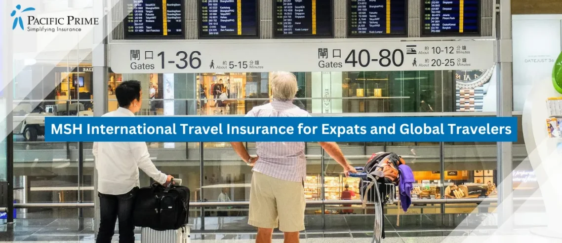 Image of Travelers Checking The Flight Departure Board At An Airport Terminal with text overlay of "MSH International Travel Insurance for Expats and Global Travelers"