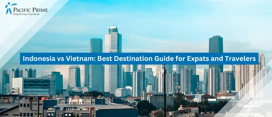 Image of Urban Skyline With High-rise Buildings In South Jakarta, Indonesia with text overlay of "Indonesia vs Vietnam: Best Destination Guide for Expats and Travelers"