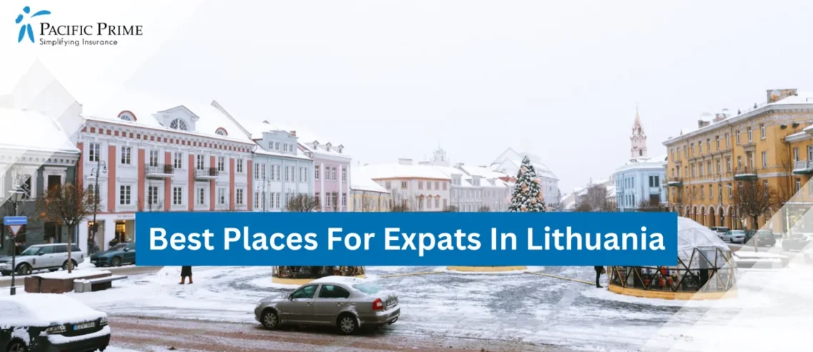 Image of Vehicle On Road By A Building In Kaunas During Daytime with text overlay of "Best Places For Expats In Lithuania"