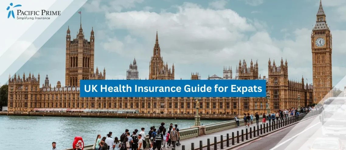 Image of View Of Westminster And Big Ben With Tourists And Traffic By The Thames with text overlay of "UK Health Insurance Guide for Expats"