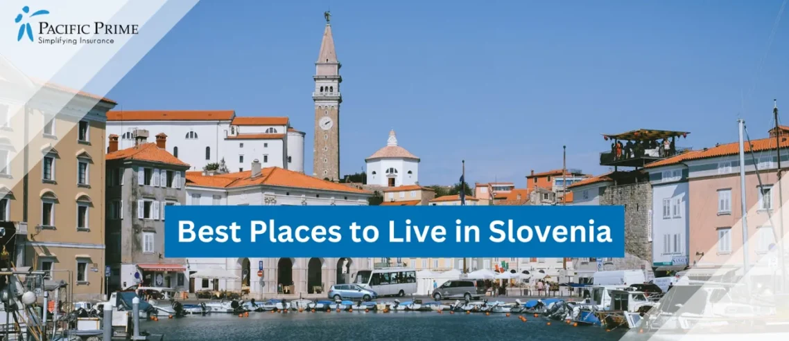 Image of White & Brown Concrete Building By Water In Piran, Slovenia with text overlay of "Best Places to Live in Slovenia"